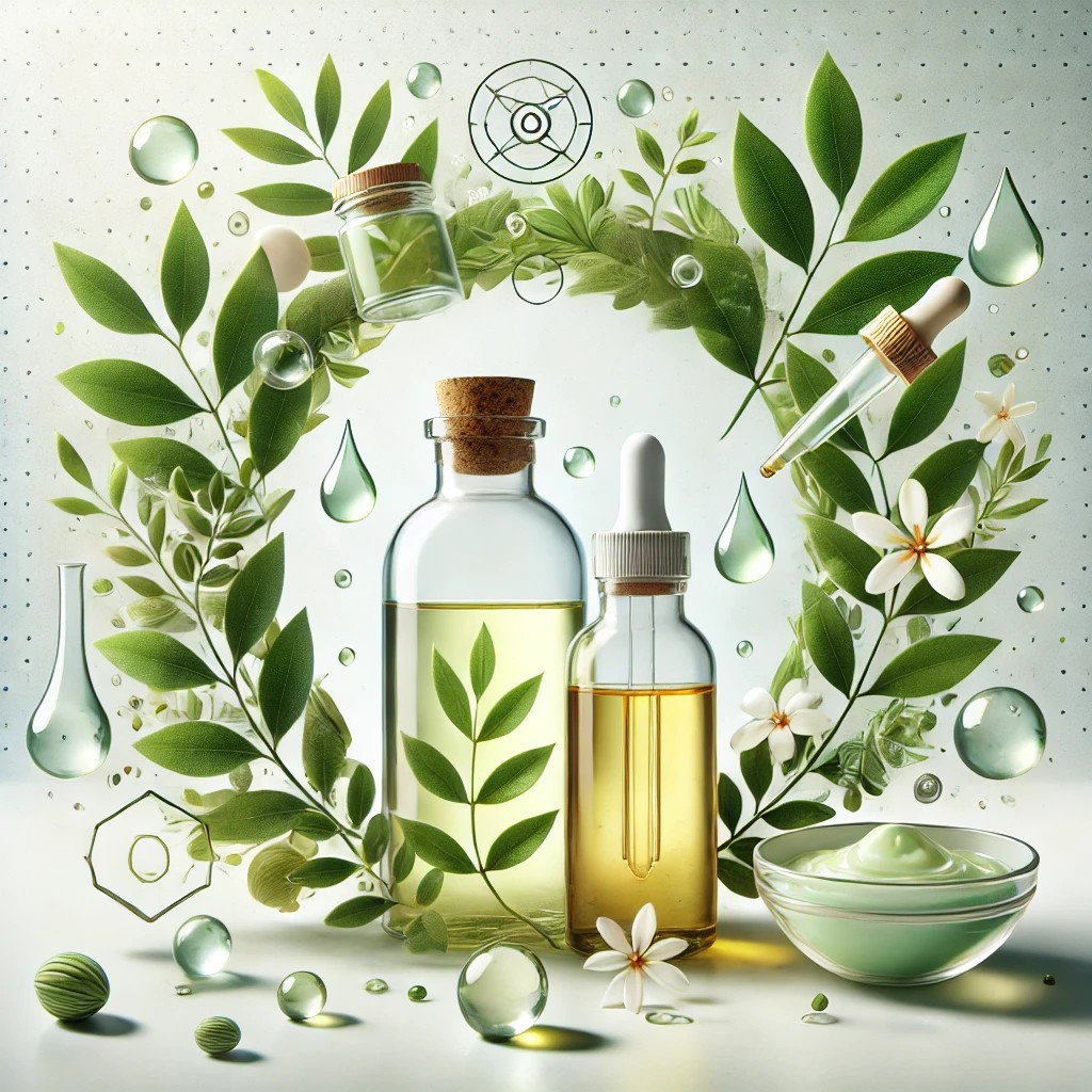 "Frascos de vidrio transparentes con aceites y cremas naturales, rodeados de hojas verdes y flores delicadas, con gotas de agua clara que resaltan la frescura y pureza de los ingredientes. El fondo es minimalista en tonos blancos y verdes, evocando armonía y sostenibilidad. En una esquina, un pequeño logotipo conceptual de una hoja estilizada simboliza el compromiso ambiental de la marca."