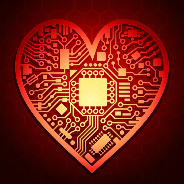 Imagen en donde aparece un corazón de color rojo en donde aparece unos cables informáticos en el centro simulando un San Valentín tecnológico