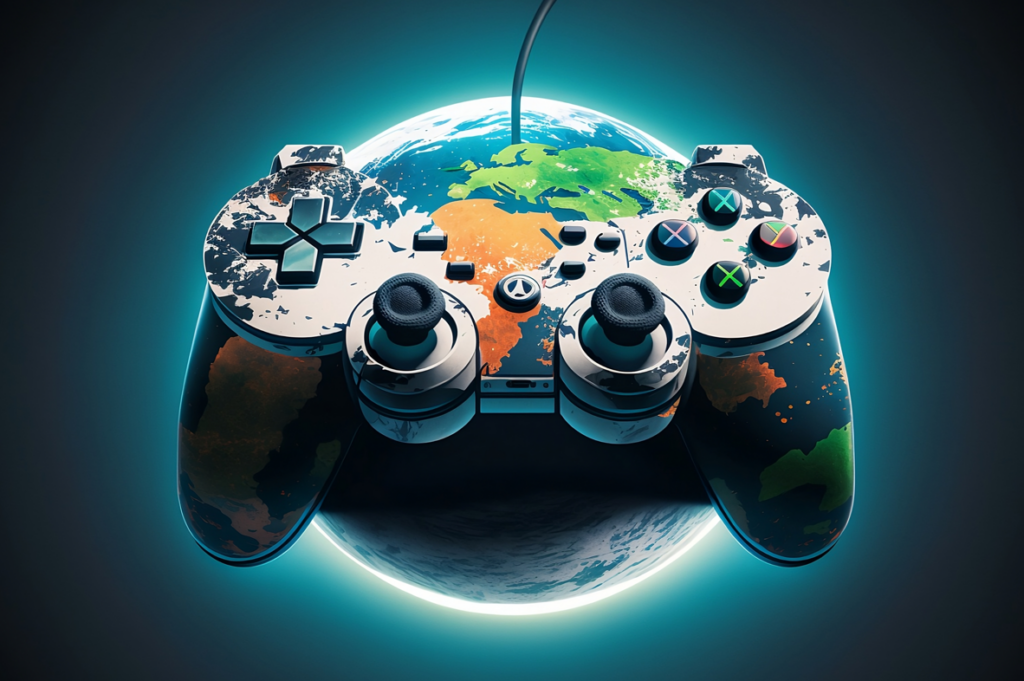 Imagen de un mando considerablemente grande mezclado con el planeta Tierra simulando un mundo gaming. 